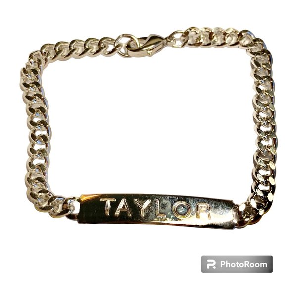 Vintage Name ID Bracelet TAYLOR Silver Tone Rhodium Plated 7.5" Girls Teen 90's - Picture 1 of 10